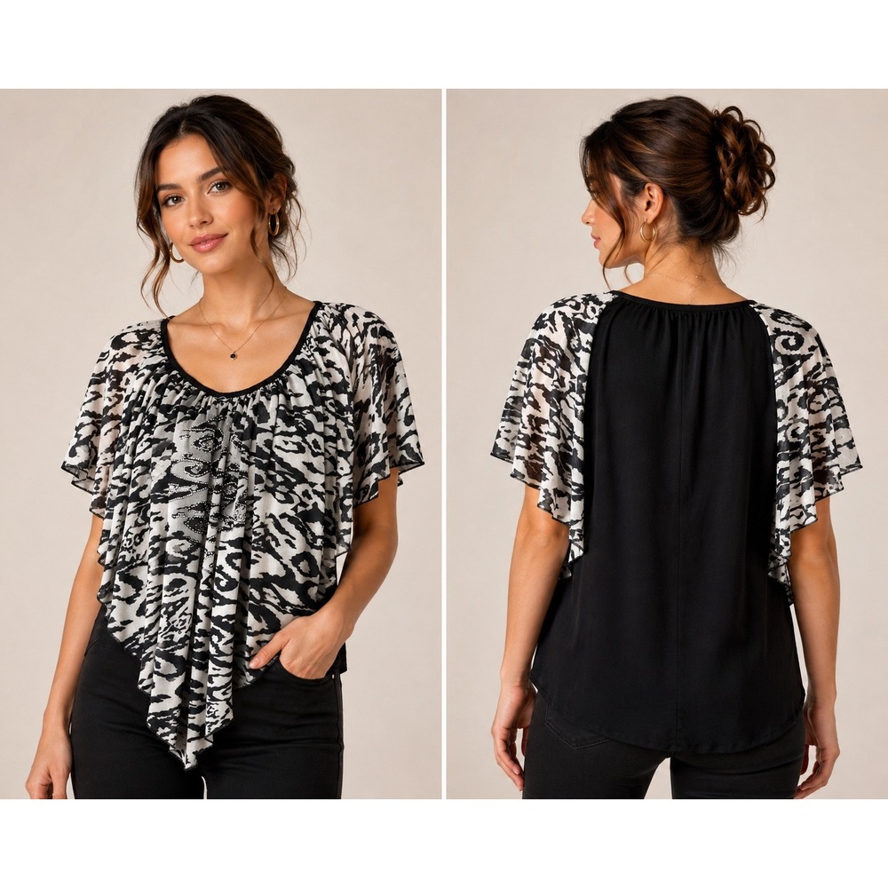 Avenue Animal Print Embellished Blouse Womens 14/16 Black White Flutter Sleeve